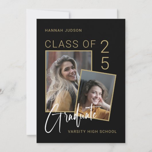 Trendy Script Zwart & Wit Foto Afstudeerfeest Aankondiging (Voorkant)