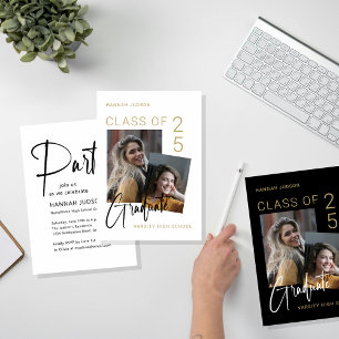 Trendy Script Zwart & Wit Foto Afstudeerfeest Kaart