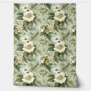 Trendy shabby chic bloemengroen en ivoren rozen behang