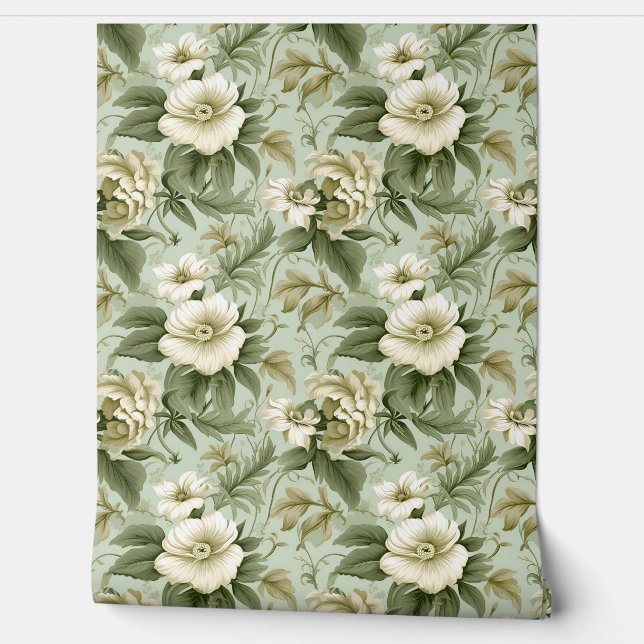 Trendy shabby chic bloemengroen en ivoren rozen behang (Afrollen)