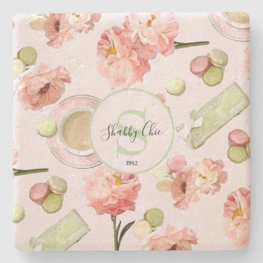 Trendy Shabby Chic Peonies and Macarons Set Stenen Onderzetter (Voorkant)