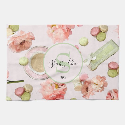 Trendy Shabby Chic Peonies and Macarons Set Theedoek (Horizontaal)