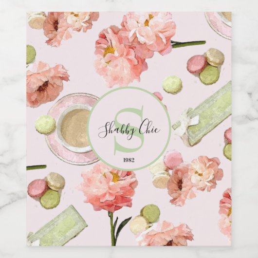 Trendy Shabby Chic Peonies and Macarons Set Wijn Etiket (Enkel label)