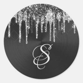 Trendy Silver Black Glitter Drips Graphic Monogram Ronde Sticker