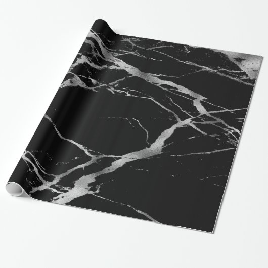 Trendy Silver Black Marble Glossy Cadeaupapier (Uitgerold)
