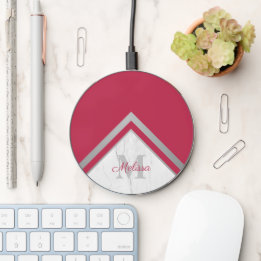 Trendy Silver Chevron Red Magenta Monogram Marble