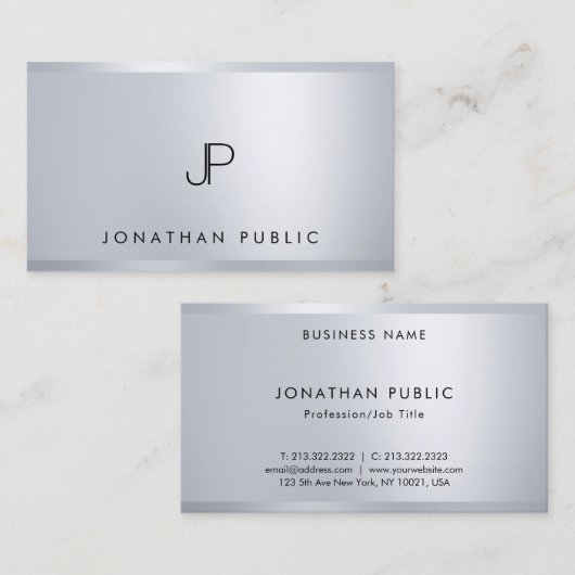 Trendy Silver Elegant Monogram Moderne Sjabloon Visitekaartje (Voorkant / Achterkant)