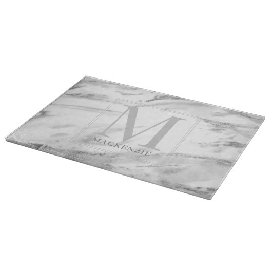 Trendy Silver Foil Metallic Marble Monogram Snijplank (Hoek)