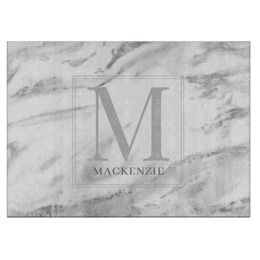 Trendy Silver Foil Metallic Marble Monogram Snijplank (Voorkant)