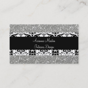 Trendy Silver Glitter Black & White Damask Visitekaartje