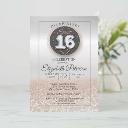 Trendy Silver Glitter Bokeh Ombre, Sweet 16 Party Kaart (Staand voorkant)