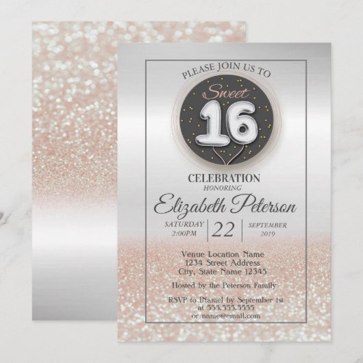 Trendy Silver Glitter Bokeh Ombre, Sweet 16 Party Kaart (Voorkant / Achterkant)