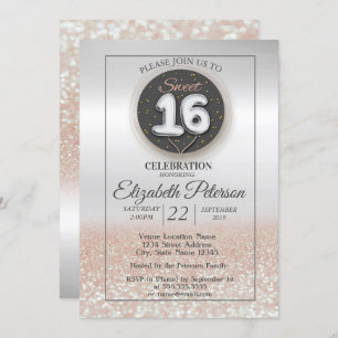 Trendy Silver Glitter Bokeh Ombre, Sweet 16 Party Kaart