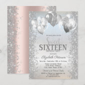 Trendy Silver Glitter Confetti Balloons Sweet 16 Kaart (Voorkant / Achterkant)
