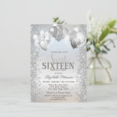 Trendy Silver Glitter Confetti Balloons Sweet 16 Kaart (Staand voorkant)