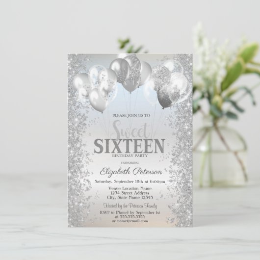 Trendy Silver Glitter Confetti Balloons Sweet 16 Kaart (Staand voorkant)