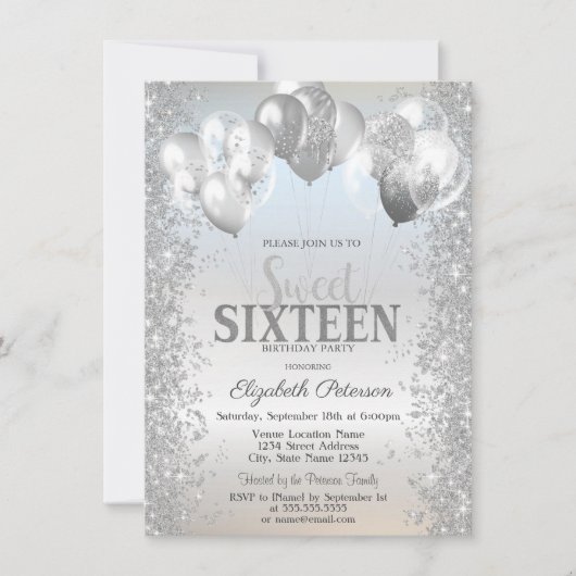 Trendy Silver Glitter Confetti Balloons Sweet 16 Kaart (Voorkant)