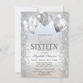 Trendy Silver Glitter Confetti Balloons Sweet 16 Kaart