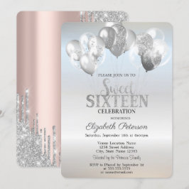 Trendy Silver Glitter Drips Balloons Sweet 16 Kaart