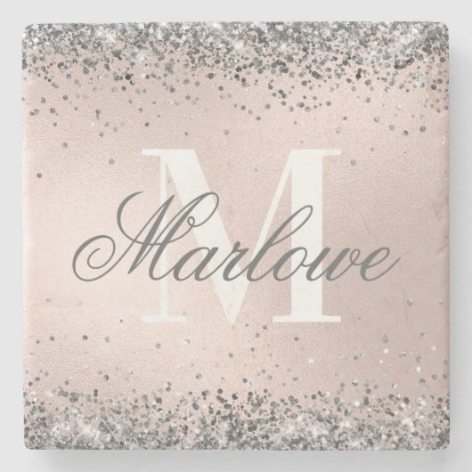 Trendy Silver Glitter Metallic Blush Pink Monogram Stenen Onderzetter (Voorkant)