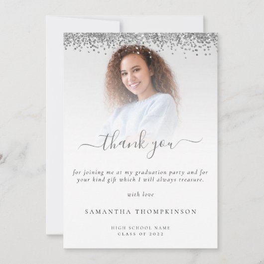 Trendy Silver Glitter Photo Afstuderen Bedankkaart (Voorkant)