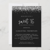 Trendy Silver Glitter Sweet 16 Birthday Black Kaart (Voorkant)