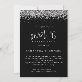 Trendy Silver Glitter Sweet 16 Birthday Black Kaart