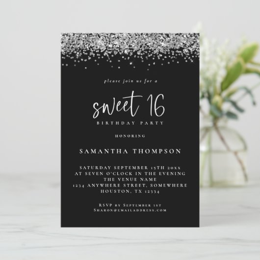 Trendy Silver Glitter Sweet 16 Birthday Black Kaart (Staand voorkant)