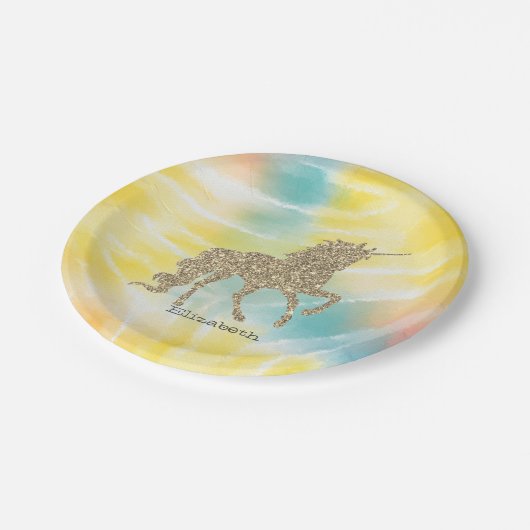 Trendy Silver Glitter Unicorn Tie Dye Papieren Bordje (Gekanteld)