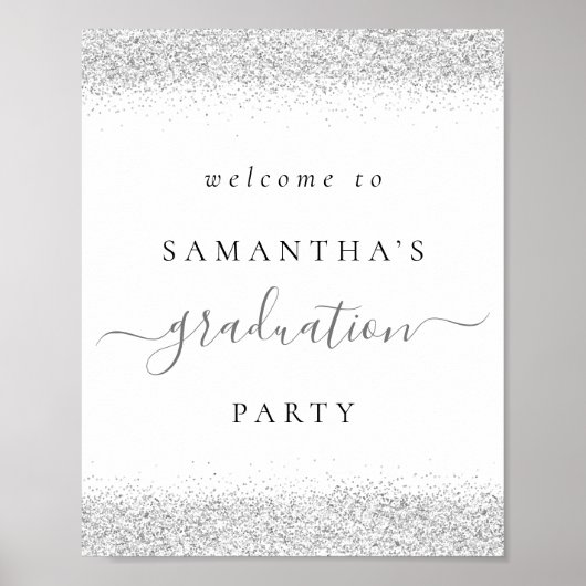 Trendy Silver Glitter Welkom Graduparty Poster (Voorkant)
