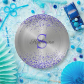 Trendy Silver Metallic Paars Glitter Monogram Papieren Bordje (Feest)