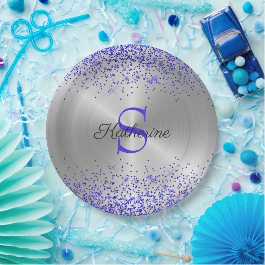 Trendy Silver Metallic Paars Glitter Monogram Papieren Bordje (Feest)