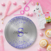 Trendy Silver Metallic Paars Glitter Monogram Papieren Bordje (Feest)