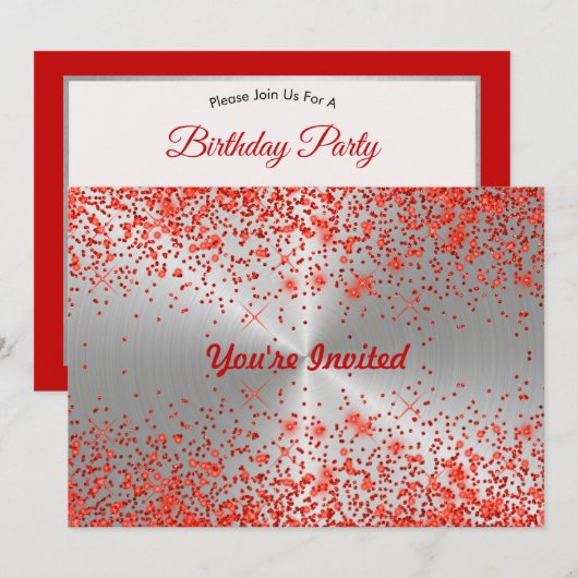 Trendy Silver Metallic Red Glitter Birthday Kaart (Voorkant / Achterkant)