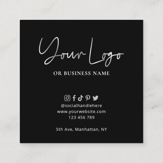 Trendy Simple QR Code Scannable Black & Silver Vierkante Visitekaartje (Achterkant)