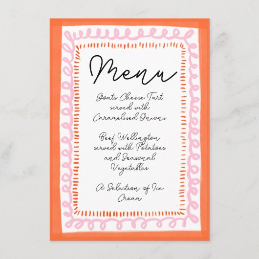 Trendy Sinaasappel en Roze Squiggle Wavy Border Me Menu (Voorkant)