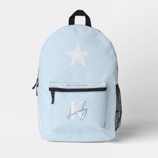 Trendy Sky Blue Monogram Stijlvol Terug naar schoo Bedrukte Rugzak (Voorkant)