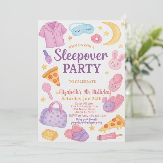 Trendy Sleepover verjaardagsuitnodiging Kaart (Staand voorkant)