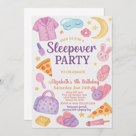 Trendy Sleepover verjaardagsuitnodiging Kaart (Voorkant / Achterkant)
