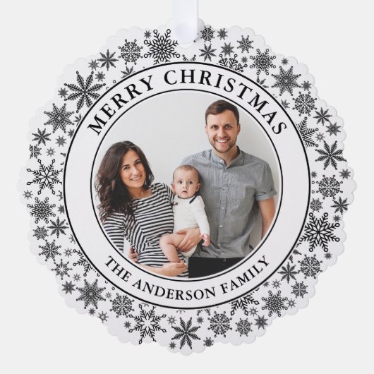 Trendy Sneeuwvlokken Zwart-wit Vrolijk Kerstfeest Ornament Kaart (Voorkant)