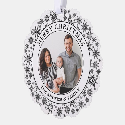 Trendy Sneeuwvlokken Zwart-wit Vrolijk Kerstfeest Ornament Kaart (Links)