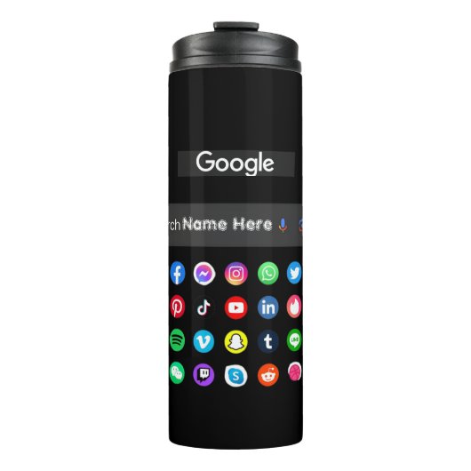 Trendy social media iconen Google zoekbalk zwart Thermosbeker (Voorkant)
