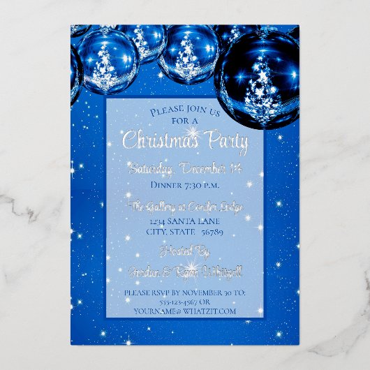Trendy Sparkle Blue Ornamenten kerst Folie Uitnodiging (Voorkant)