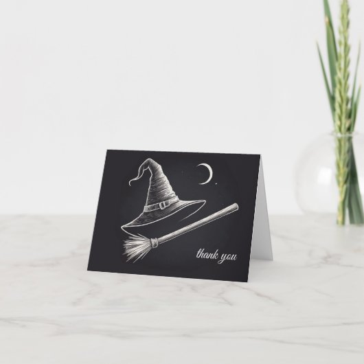 Trendy Spooky Halloween heks pet en bezem zwart Bedankkaart (Voorkant)