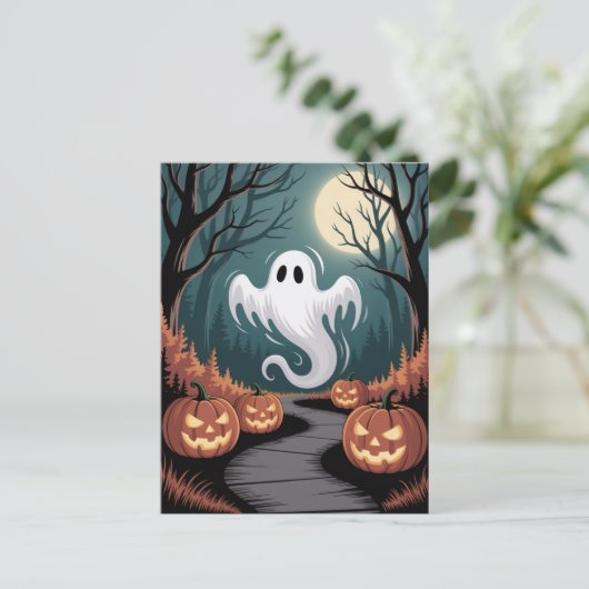 Trendy spooky Halloween Pumpkin Ghost Moon forest  Briefkaart (Staand voorkant)