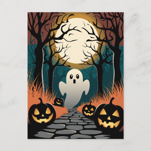 Trendy spooky Halloween Pumpkin Ghost Moon forest Briefkaart (Voorkant)
