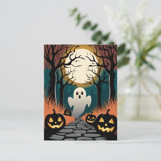 Trendy spooky Halloween Pumpkin Ghost Moon forest  Briefkaart (Staand voorkant)