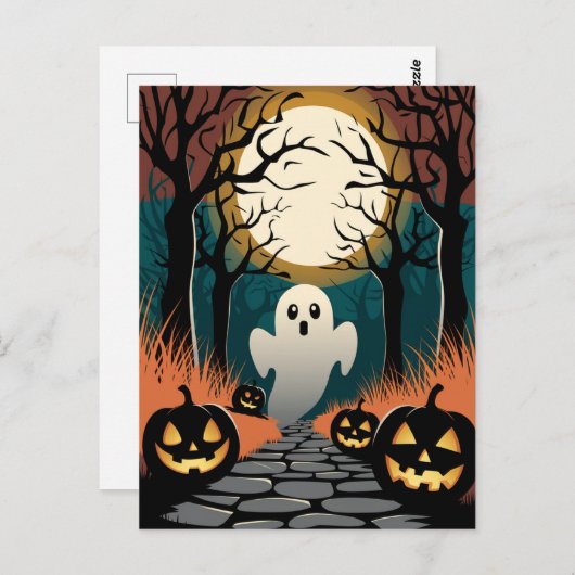 Trendy spooky Halloween Pumpkin Ghost Moon forest  Briefkaart (Voorkant / Achterkant)