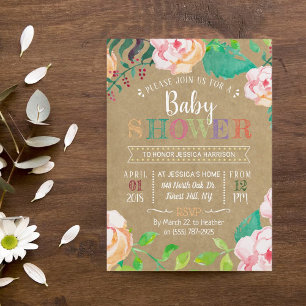 Trendy Spring Floral Typography Baby shower Kaart