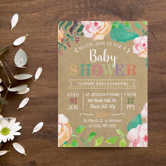 Trendy Spring Floral Typography Baby shower Kaart